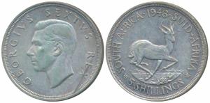 South Africa, George VI, Silver 5 Shillings, 28.28g, .800 fine, 1948 (KM 40.1). Extremely 