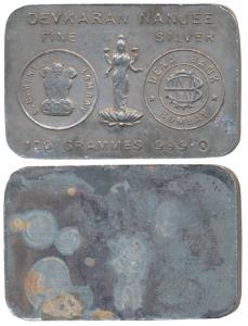 Silver Bar, Devkaran Nanjee, 100g, Ashoka pillar with I. G. Mint, Bombay around it, Goddes