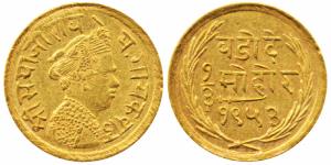 Sayaji Rao III, Gold 1/3 Mohur, 2.39g, VS 1953 (1896 AD), obv. portrait of the Maharaja, r