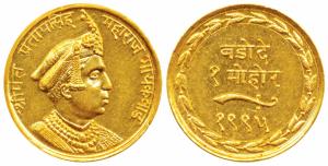 Pratap Singh, Gold Mohur, 6.08g, obv. portrait of the Maharaja wearing royal headdress and