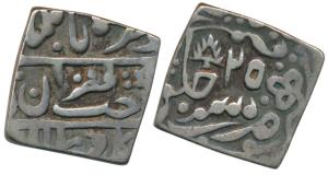 Nandgaon Mint, Silver Square Nazarana Rupee, 10.98g, in the name of Muhammad Akbar II, RY 