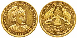 Rama Varma V (ME 1057-1062, 1880-1885 AD), Gold Sovereign, 7.95g, ME 1881, obv. bust of th