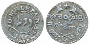 Silver Double Fanam, 2nd issue, 1808, oblique milling, obv. buckled garter, rev. ribbon an