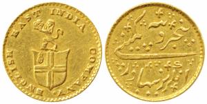 Gold Rupees 5 or 1/3 Mohur, 3.87g, obv. company arms with a lion holding a crown, rev. Per