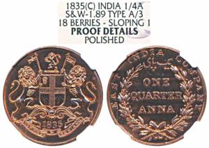 Proof Copper ¼ Anna, 1835, Calcutta Mint, 18 Berries (9L+9R), slanting top to numeral 1, u