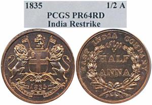Proof Copper ½ Anna, 1835, Bombay Mint, broad and flat border on both sides (S&W 1.78). Pr