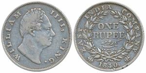 William IV, Silver Rupee, 1840, Mule, Calcutta Mint, F raised, A / I, Two leaves, 19 Berri