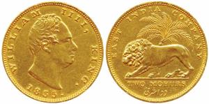 William IV, Gold Proof Restrike 2 Mohurs, 1835, Calcutta Mint, R. S. initials incused on t
