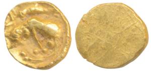 Cholas, Gold Fanam, 0.43g, obv. a crude depiction of a lion curled up with a fish at top, 