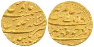 Aurangzeb, Gold Mohur, 11g, Burhanpur Mint, RY 30, complete mint name at bottom on rev. (K
