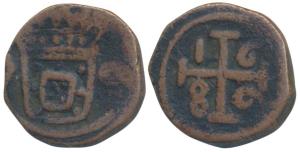 Diu, Peter II (1683-1706 AD), Copper Bazaruco, 3.86g, obv. crowned arms, rev. date 1686 wi