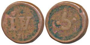 Joao V (1706-1750 AD), Copper 5 Reis, 7.08g,1711, obv. Roman IV for Joao and date below, r