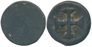 Diu, John V, Tin 5 Bazarucos, 18.45g, 1748 within angles of cross (KM 30). Fine+.