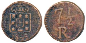 Goa, Maria II, Copper 7½ Reis, 4.6g, obv. crowned arms, rev. value within sprays, 1848 (KM
