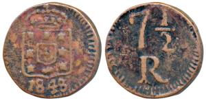 Goa, Maria II, Copper 7½ Reis, 4.6g, obv. crowned arms, rev. value within sprays, 1848 (KM
