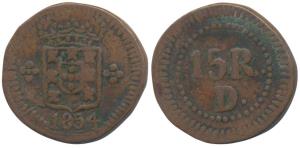 Damao, Pedro V (1853-1861AD), 15 Reis, obv. crowned arms with date 1854 below, rev. value 