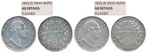 William IV, Silver Rupee (2), 1835. Graded by NGC AU Details Cleaned. (2)