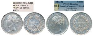 Victoria Queen, Silver Rupee (2), 1840, Continuous Legend & Divided Legend. Graded by PCGS