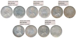 Victoria Queen, Silver Rupee (5), 1862, all different types. Graded by NGC all AU & UNC De