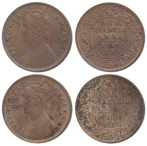 Victoria Empress, Copper ¼ Anna, 1890 & 1892, Calcutta Mint, (Prid 623 & 625). The first w
