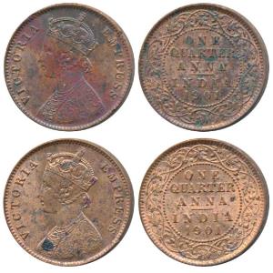 Victoria Empress, Copper ¼ Anna (2), Calcutta Mint, 1901. Extremely Fine. (2)