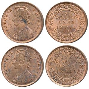 Victoria Empress, Copper ¼ Anna (2), Calcutta Mint, 1901. About Uncirculated, one with an 