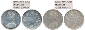 Victoria Empress, Silver Rupee (2), 1877, Bombay Mint & Calcutta Mint. Graded by NGC UNC &