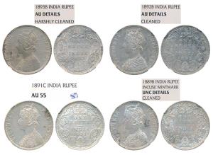 Victoria Empress, Silver Rupee, 1889, 1891, 1892 & 1893, all Bombay Mint except for the se