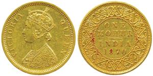 Victoria Queen, Gold Proof Restrike Mohur, 1870, obv. similar to the obverse of the 1862 P