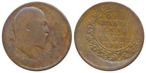 Edward VII, Copper ¼ Anna, Error, 15% off-center, 1907. Fine+, Very Rare.