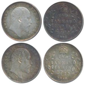 Edward VII, Silver 2 Annas (2), 1910, Calcutta Mint (Prid 563). About Uncirculated (2)
