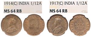 George V, Copper 1/12 Anna (2), 1914 & 1917, Calcutta Mint. Both graded by NGC MS64RB. (2)
