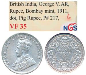 George V, Silver Rupee, 1911, Bombay Mint, Pig Rupee, (Prid 217). Graded by NGS VF35.