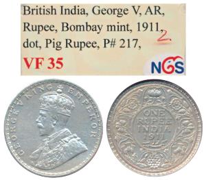 George V, Silver Rupee, 1911, Bombay Mint, Pig Rupee, (Prid 217). Graded by NGS VF35.