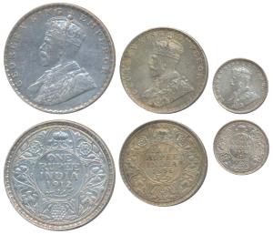George V, Silver Rupee 1912; ½ Rupee 1936; 2 Annas 1914, all Bombay Mint. Extremely Fine, 