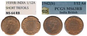 George VI, Copper 1/12 Anna, 1939 & 1942, Bombay Mint. Graded by NGC MS64RB & PCGS MS63RB.