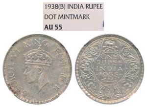 George VI, Silver Rupee, 1938, Bombay Mint, A / I / with dot, (Prid 234). Graded by NGC AU