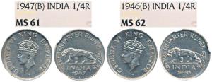 George VI, Silver ¼ Rupee (2), 1946 & 1947, Bombay Mint. Graded by NGC MS62 & MS61. (2)