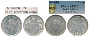 George VI, Silver ½ Rupee, 1942 & 1944, Bombay Mint. Graded by NGC MS61 & PCGS MS62. (2)