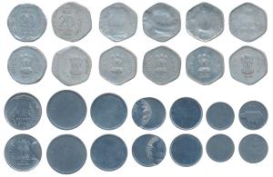 Aluminum 20 Paise (6), few lightly struck, one slightly off center, one cut to shape in ro