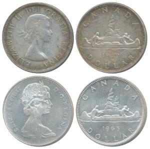 Canada, Elizabeth II, Silver 1 Dollar (2), each 23.35g, 1962 & 1965. Very Fine+ and Uncirc