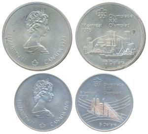 Canada, Elizabeth II, Silver 5 and 10 Dollars, 24.3g & 48.6g, 1976 Montreal Olympics. Abou