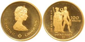 Canada, Elizabeth II, Gold $100, 16.97g, 1976, rev. Montreal Olympics, past and present Ol