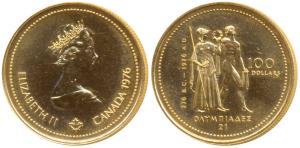 Canada, Elizabeth II, Gold $100, 13.34g, 0.58 fine (the purity is evident from the pale co