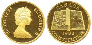 Canada, Elizabeth II, Gold $100, 16.97g, New Constitution, 1982, rev. an open book, maple 