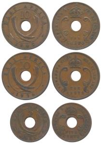East Africa, Bronze 5 Cents, George V, 1933 (KM 18); 10 Cents (2), Edward VIII, 1936 (KM 2