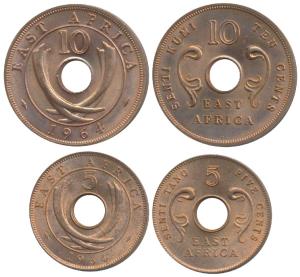 East Africa, Bronze 5 & 10 Cents, Senti Tano & Senti Kumi, 1964, the second with mint mark