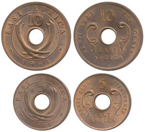 East Africa, Bronze 5 & 10 Cents, Senti Tano & Senti Kumi, 1964, the second with mint mark