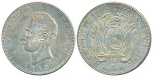 Ecuador, Silver 5 Sucres, 24.98g, obv. head of Sucres, 1943 (KM 79). Extremely Fine, Rare.
