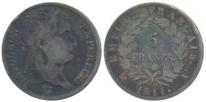 France, Napoleon Bonaparte as Emperor, Silver 5 Francs, 1811A (KM 694.9). Edge knick, Fine